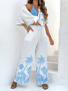 Cocolii imprimé tropicale feuille ensembles avec longue pantalon lin manches courtes huats femme pour les vacances deux pièces