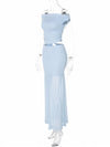 Cocolii ensemble avec longue jupe hauts moulante tulle col bateau sans manches femme élégant décontracté robe