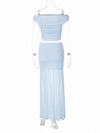 Cocolii ensemble avec longue jupe hauts moulante tulle col bateau sans manches femme élégant décontracté robe