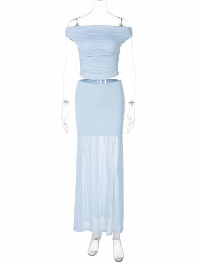 Cocolii ensemble avec longue jupe hauts moulante tulle col bateau sans manches femme élégant décontracté robe