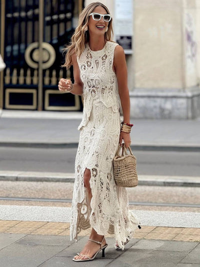 Cocolii robe découpes moulante dentelle col rond sans manches irrégulière femme élégant décontracté ensemble avec longue jupe