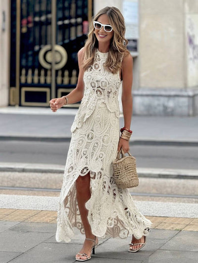 Cocolii robe découpes moulante dentelle col rond sans manches irrégulière femme élégant décontracté ensemble avec longue jupe