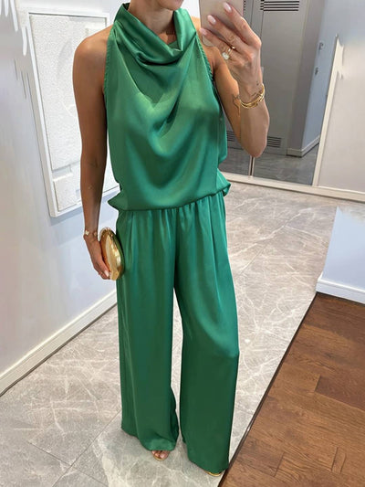 Cocolii combinaison larges jambes évasé en satin licou sans manches femme élégant décontracté ensembles avec pantalon