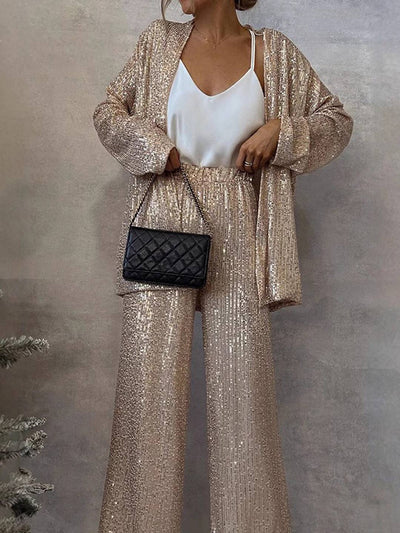 Cocolii ensembles femme 2 pièces gilet brillante paillette et pantalon flare évasé décontracté tenue de soirée