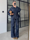 Cocolii ensembles avec pantalon femme en jean veste poches ceinture col revers manches longues décontracté tenue