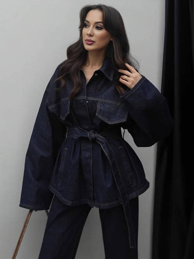 Cocolii ensembles avec pantalon femme en jean veste poches ceinture col revers manches longues décontracté tenue