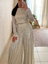 Cocolii ensembles brillante paillette femme top col rond manches longues et pantalon larges jambes évasé tenue de soirée