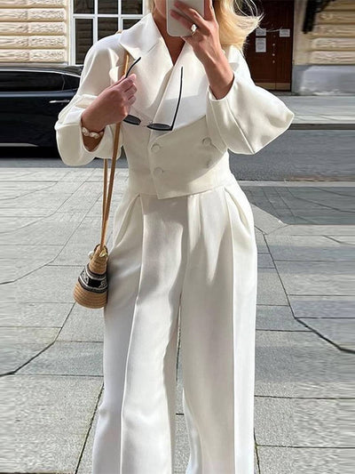 Cocolii ensembles tailleur femme blazer court double boutonnage manches ballons et pantalon large tenue élégante cérémonie