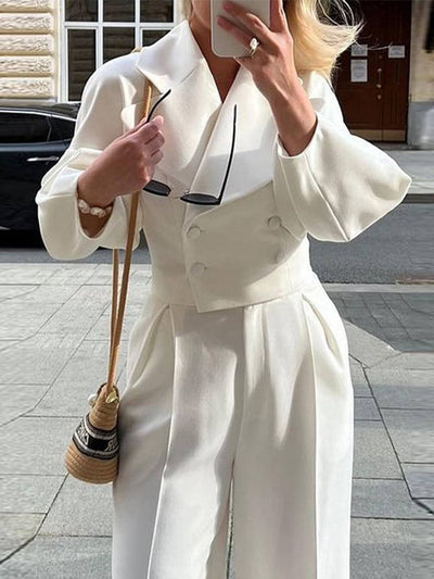 Cocolii ensembles tailleur femme blazer court double boutonnage manches ballons et pantalon large tenue élégante cérémonie