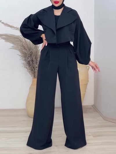 Cocolii ensembles tailleur femme blazer court double boutonnage manches ballons et pantalon large tenue élégante cérémonie
