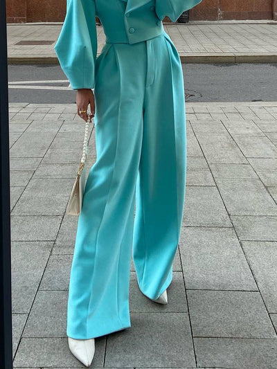 Cocolii ensembles tailleur femme blazer court double boutonnage manches ballons et pantalon large tenue élégante cérémonie