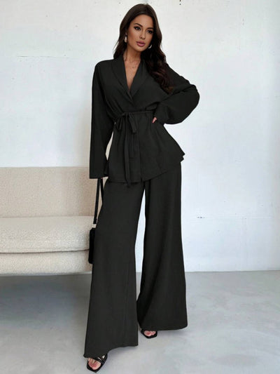 Cocolii ensemble tailleur femme blazer boutonnage v-cou manches longues pantalon larges jambes évasé tenue décontracté