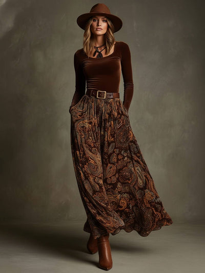 Cocolii ensemble longue juope femme imprimé cachemire velours marron haut manches longues hiver bohème chic rétro robe