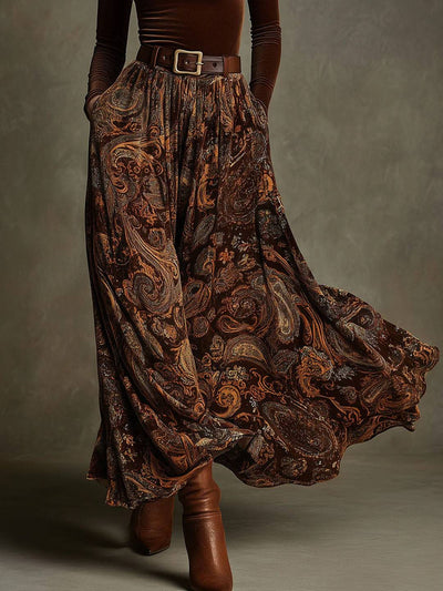 Cocolii ensemble longue juope femme imprimé cachemire velours marron haut manches longues hiver bohème chic rétro robe