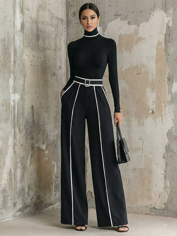 Cocolii ensembles femme avec pantalon larges jambes évasé ceinture col montant manches longues style tailleur vintage tenue de soirée