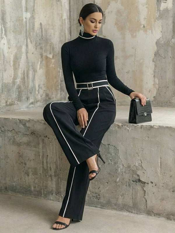 Cocolii ensembles femme avec pantalon larges jambes évasé ceinture col montant manches longues style tailleur vintage tenue de soirée