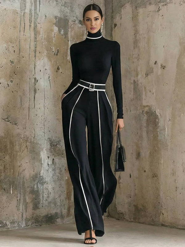 Cocolii ensembles femme avec pantalon larges jambes évasé ceinture col montant manches longues style tailleur vintage tenue de soirée