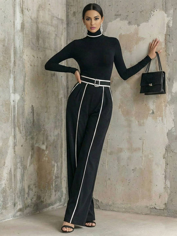 Cocolii ensembles femme avec pantalon larges jambes évasé ceinture col montant manches longues style tailleur vintage tenue de soirée