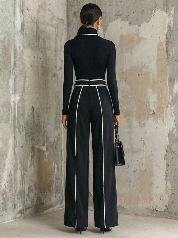 Cocolii ensembles femme avec pantalon larges jambes évasé ceinture col montant manches longues style tailleur vintage tenue de soirée