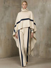 Cocolii ensemble femme cape poncho tricot beige col roulé pantalon large rayure marine hiver chic mode vintage