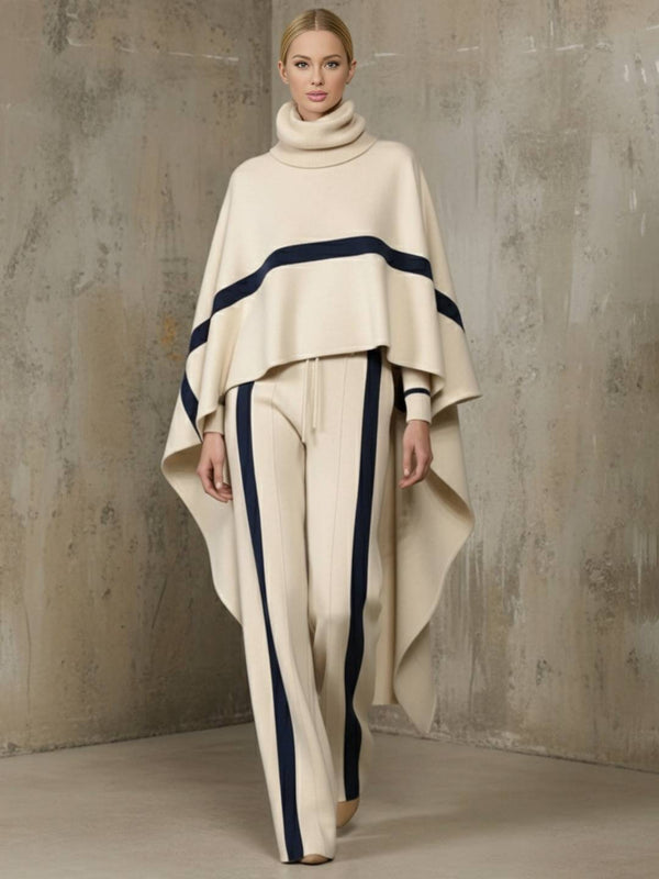 Cocolii ensemble femme cape poncho tricot beige col roulé pantalon large rayure marine hiver chic mode vintage