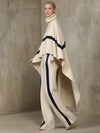 Cocolii ensemble femme cape poncho tricot beige col roulé pantalon large rayure marine hiver chic mode vintage