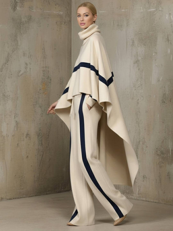 Cocolii ensemble femme cape poncho tricot beige col roulé pantalon large rayure marine hiver chic mode vintage