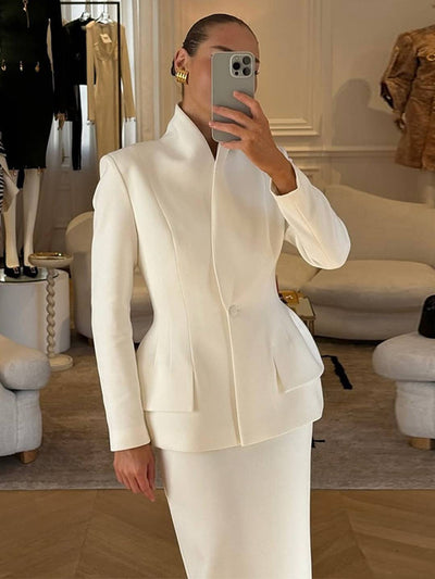 Cocolii ensemble tailleur femme chic veste col montant manches longues et longue jupe 2 pièces élégant mariage de bureau tenue