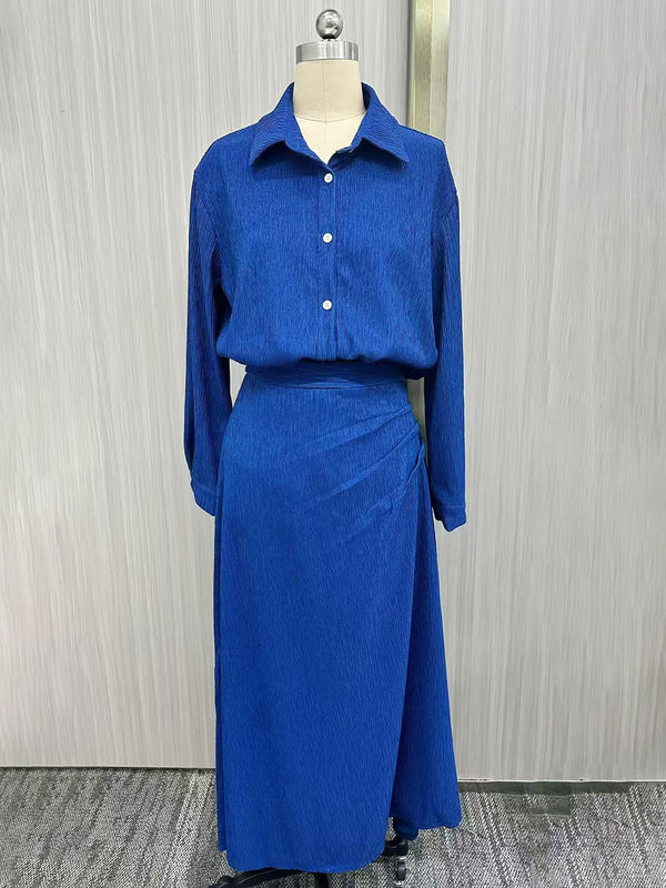 Cocolii ensemble robe boutonnage col chemise manches longues et irrégulière longue drapée jupe femme décontracté cocktail