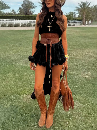 Cocolii robe mousseline tulle ensemble avec courte jupe licou à volantée fluide sans manches hauts femme élégant décontracté