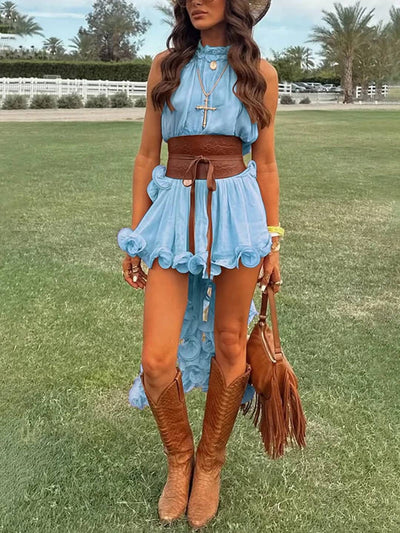 Cocolii robe mousseline tulle ensemble avec courte jupe licou à volantée fluide sans manches hauts femme élégant décontracté