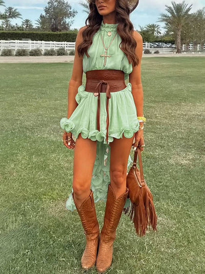 Cocolii robe mousseline tulle ensemble avec courte jupe licou à volantée fluide sans manches hauts femme élégant décontracté