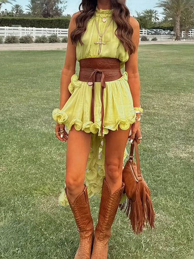 Cocolii robe mousseline tulle ensemble avec courte jupe licou à volantée fluide sans manches hauts femme élégant décontracté