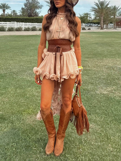 Cocolii robe mousseline tulle ensemble avec courte jupe licou à volantée fluide sans manches hauts femme élégant décontracté