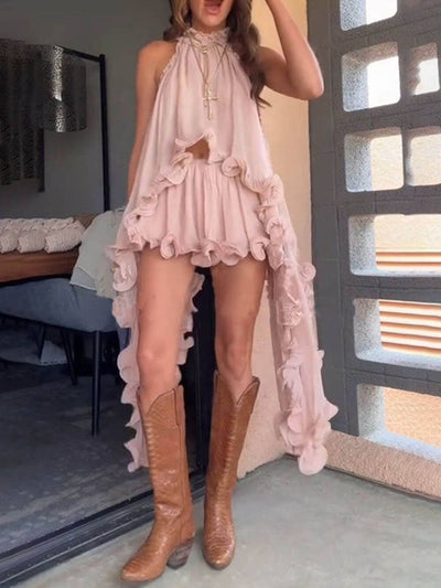 Cocolii robe mousseline tulle ensemble avec courte jupe licou à volantée fluide sans manches hauts femme élégant décontracté