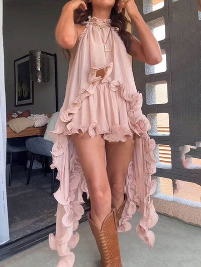 Cocolii robe mousseline tulle ensemble avec courte jupe licou à volantée fluide sans manches hauts femme élégant décontracté