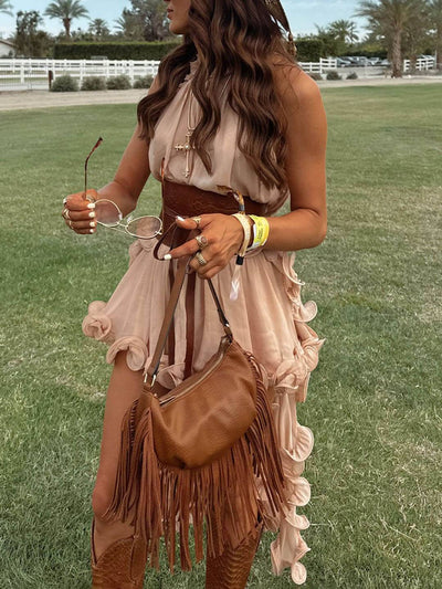 Cocolii robe mousseline tulle ensemble avec courte jupe licou à volantée fluide sans manches hauts femme élégant décontracté