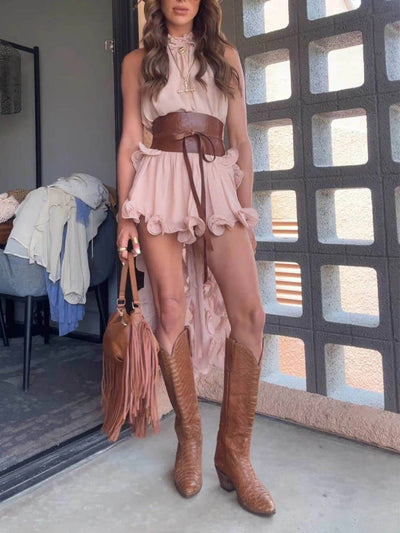 Cocolii robe mousseline tulle ensemble avec courte jupe licou à volantée fluide sans manches hauts femme élégant décontracté