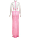 Cocolii ensemble rose bonbon crocheté licou dos nu hauts et longue jupe sirène bohème de plage