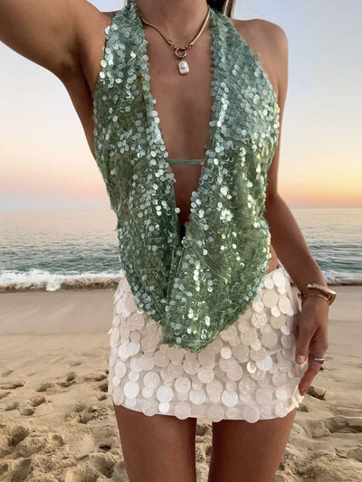 Cocolii débardeur brillante paillette décolleté plongeant dos nu sans manches femme casual décontracté hauts