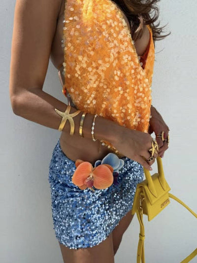 Cocolii débardeur brillante paillette décolleté plongeant dos nu sans manches femme casual décontracté hauts