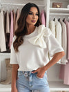 Cocolii t-shirt noeud papillon col rond à manches courtes avec un grand nœud décoratif à l'épaule femme mignon casual