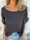 Cocolii t-shirt unicolore coton lin col rond manches courtes femme simple décontracté mode casual hauts