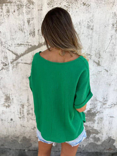 Cocolii t-shirt unicolore coton lin col rond manches courtes femme simple décontracté mode casual hauts