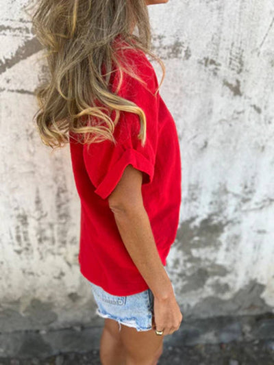 Cocolii t-shirt unicolore coton lin col rond manches courtes femme simple décontracté mode casual hauts
