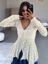 Cocolii chemisier femme dentelle v-cou irrégulière boutonnage manches longues doux élégant boho décontracté hauts cardigan