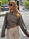 Cocolii rouge et blanche femme rayé t-shirt col rond manches longues décontracté ample casual haut marinière femme