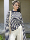 Cocolii rouge et blanche femme rayé t-shirt col rond manches longues décontracté ample casual haut marinière femme