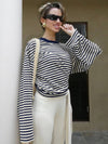 Cocolii rouge et blanche femme rayé t-shirt col rond manches longues décontracté ample casual haut marinière femme