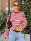 Cocolii rouge et blanche femme rayé t-shirt col rond manches longues décontracté ample casual haut marinière femme